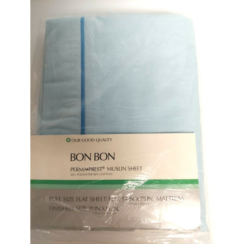 NWT Vintage Sears Bon Bon Perma‎ Prest  Muslin Full Flat Bed Sheet Light Blue